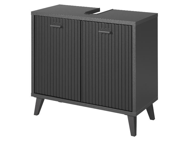 Meuble de salle de bain gris foncé avec deux portes et pieds compas.