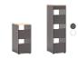 Deux unités de rangement modulaires gris foncé avec des plateaux en bois clair, une courte et une haute.