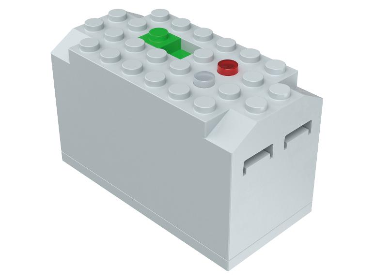 Brique LEGO grise avec un bouton vert et un rouge.
