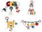 Jouets pour bébés, incluant une spirale avec des animaux, un hochet, un livre et une chaîne avec des animaux.