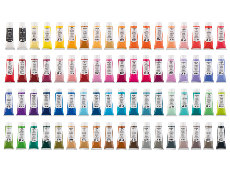 Lot de 72 tubes de peinture acrylique de 20 ml de différentes couleurs.