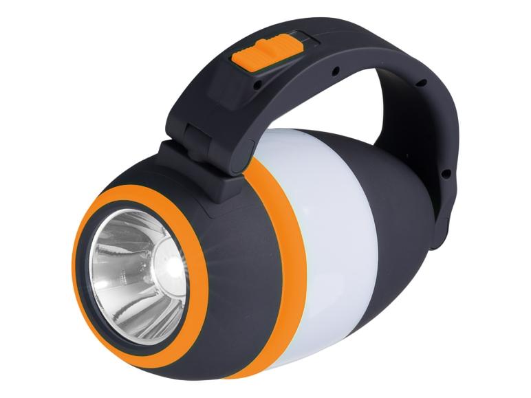 Lanterne de camping noire et orange avec une lampe de poche à une extrémité et une bande lumineuse blanche.