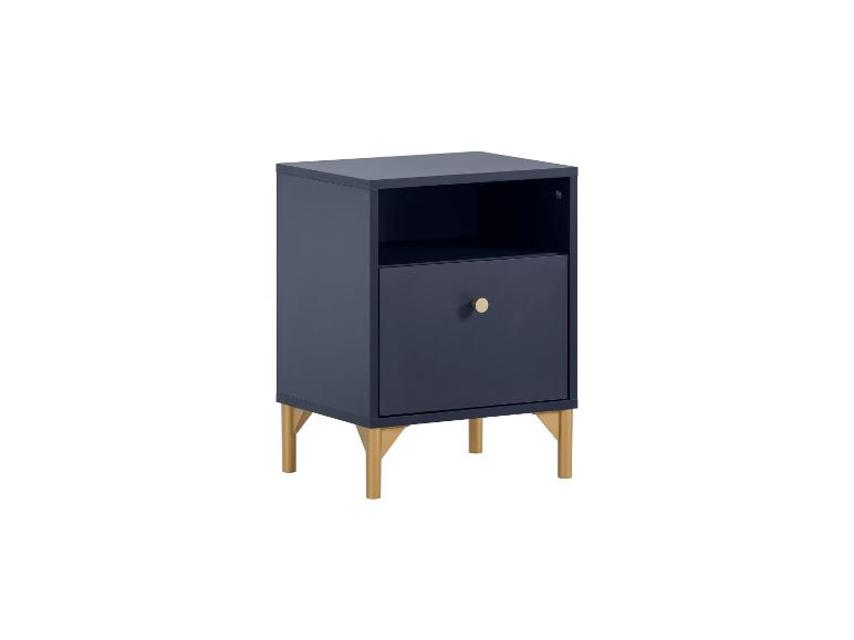 Table de chevet bleu foncé avec un tiroir et des pieds dorés