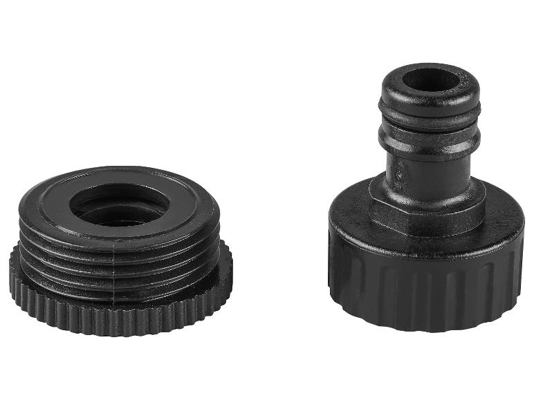 Deux raccords de tuyau d'arrosage noirs en plastique, l'un avec filetage externe et l'autre avec filetage interne.