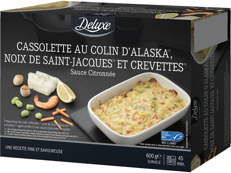 Cassolette de colin d'Alaska, noix de Saint-Jacques et crevettes sauce citronnée, surgelée.