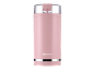 Moulin à café électrique rose avec couvercle transparent et bande argentée.