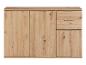 Meuble moderne en bois avec deux portes et deux tiroirs.