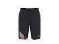 Short de sport noir avec détails à rayures bleues, blanches et rouges.