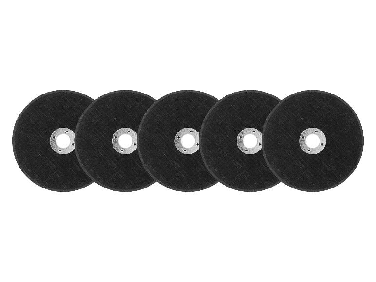 Cinq disques à tronçonner noirs avec des centres métalliques, disposés en ligne horizontale.