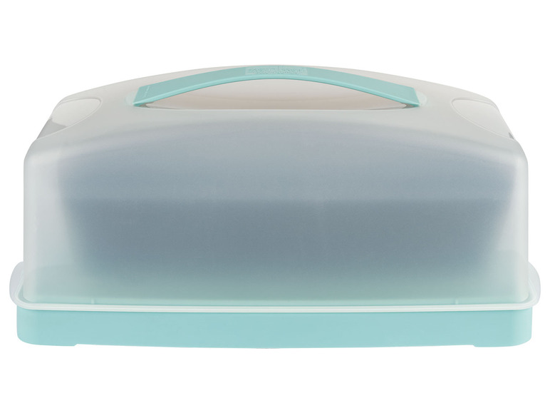 Une boîte à gâteau en plastique transparente avec un couvercle bleu.