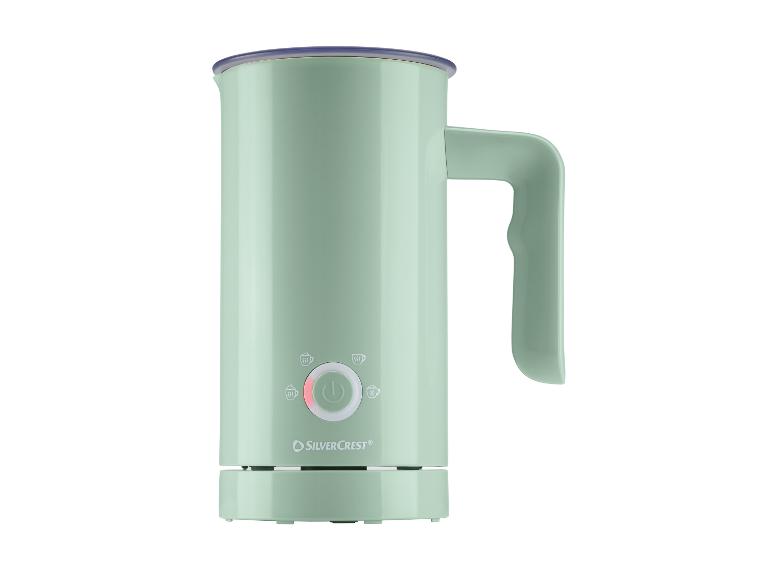 Mousseur à lait vert menthe avec poignée et base, affichant des icônes de chauffage et de froid.