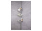 Un porte-douche d'angle rotatif à trois étagères, rempli de produits de douche.