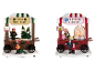Deux scènes miniatures festives : une vente de sapins de Noël et un stand de barbe à papa avec éclairage LED.