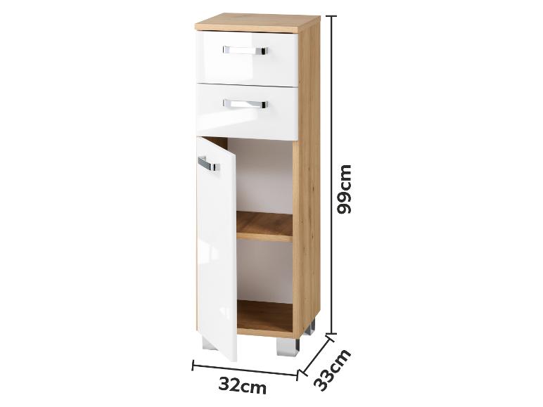 Meuble de salle de bain haut avec deux tiroirs blancs et un placard, 99x32x33cm.
