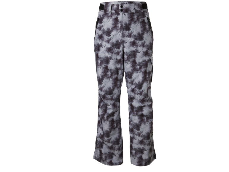 Pantalon de ski camouflage gris et noir avec motif.