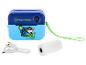 Appareil photo instantané pour enfants bleu et turquoise avec un rouleau de papier et un câble USB.