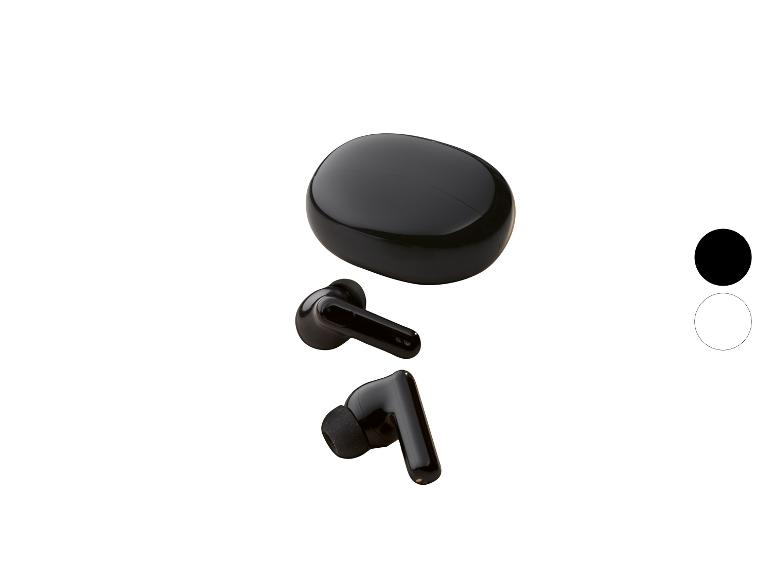 Écouteurs sans fil noirs avec étui de chargement, avec options de couleur noire et blanche.