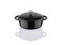 Une casserole en fonte noire avec un couvercle.