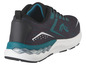 Chaussures de course noires avec des accents turquoise et une plateforme blanche.