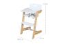 Chaise haute blanche et bois naturel avec siège et repose-pieds réglables, dimensions 80x54x44,5 cm.