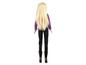 Une poupée Barbie avec de longs cheveux blonds, un pull violet, un pantalon noir et des bottes noires.