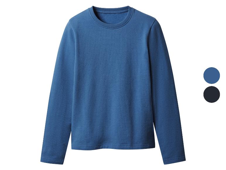 Un sweat-shirt bleu à manches longues, avec des options de couleur bleue et noire.