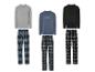 Trois pyjamas à manches longues, composés d'un haut uni et d'un pantalon à carreaux.