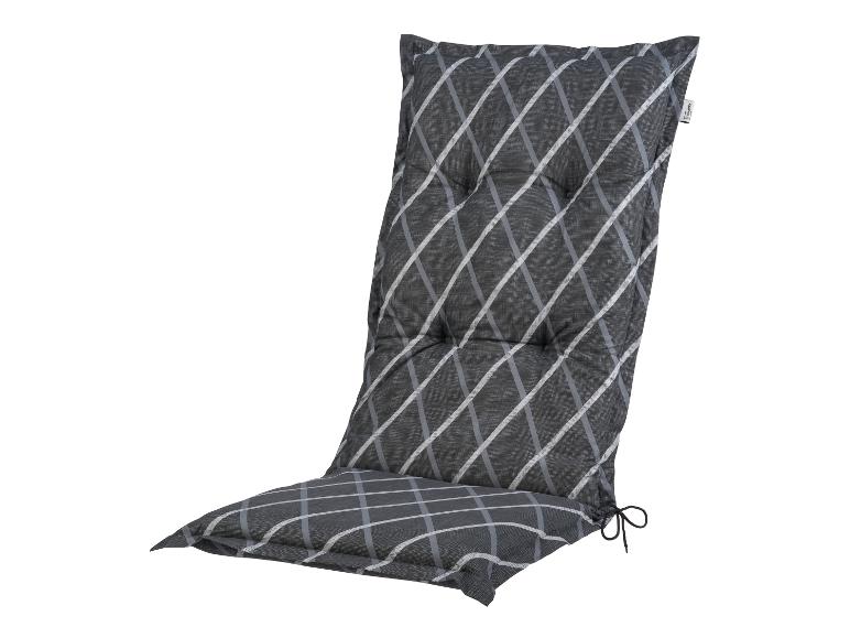 Coussin de chaise de jardin gris à motif à carreaux blancs et gris, avec attaches.
