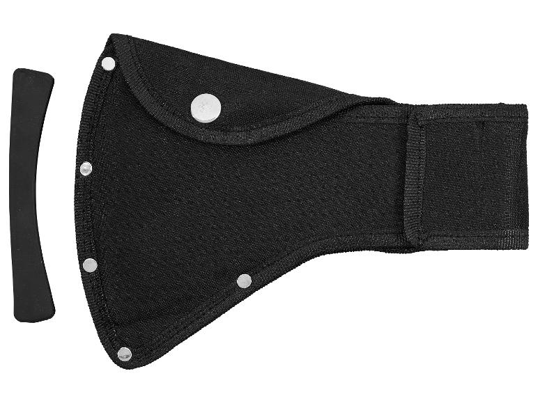 Un fourreau de protection noir pour une hache et une poignée noire.
