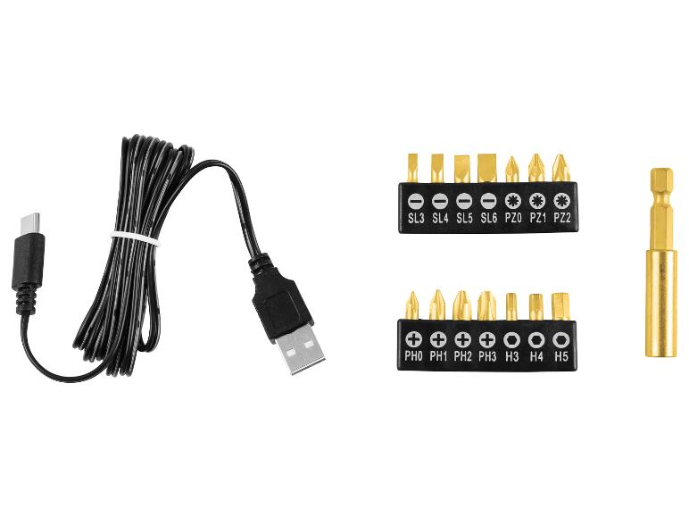 Câble de charge USB-C et deux jeux d'embouts de tournevis avec un porte-embout.