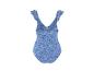 Maillot de bain une pièce bleu à imprimé floral avec bretelles à volants, vue arrière.