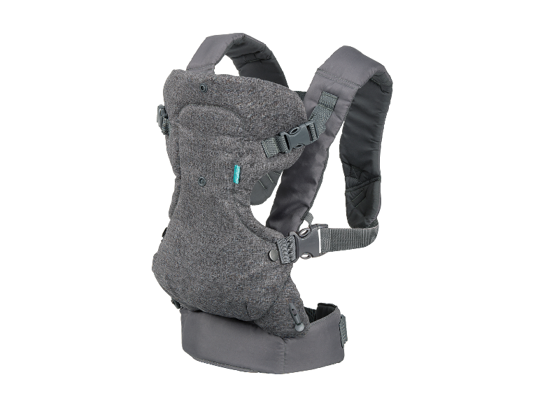 Porte-bébé gris chiné ergonomique.