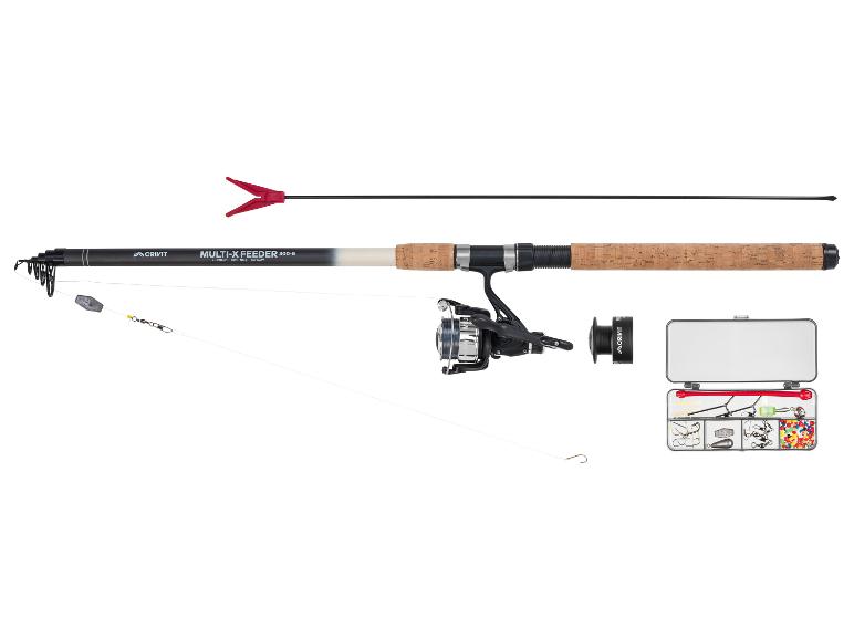 Ensemble canne à pêche avec moulinet, ligne, plombs et boîte à pêche.