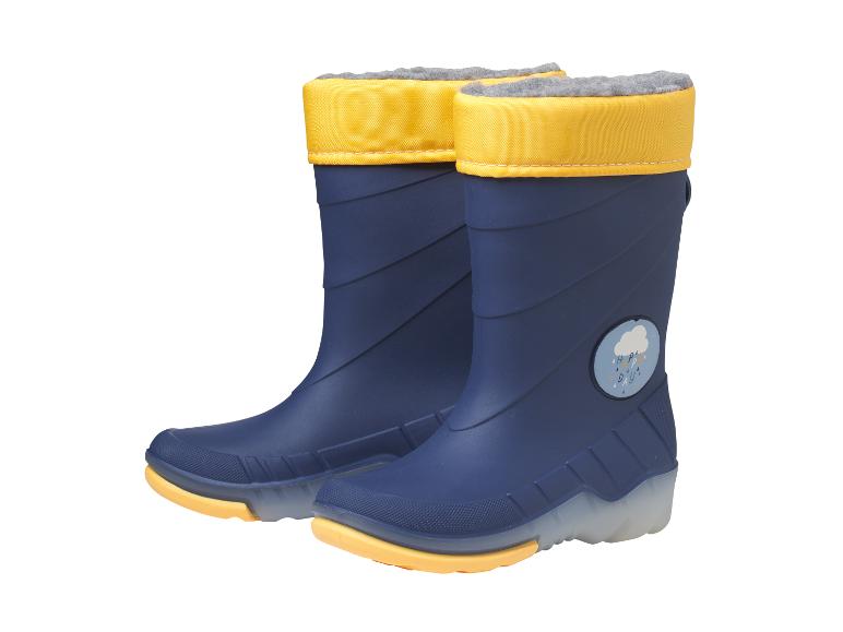 Paire de bottes de pluie bleues pour enfants avec revers jaunes et un nuage 'Happy Day'.