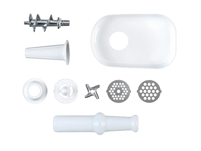 Composants de hachoir à viande, y compris la vis sans fin, le plateau, les disques et les accessoires.