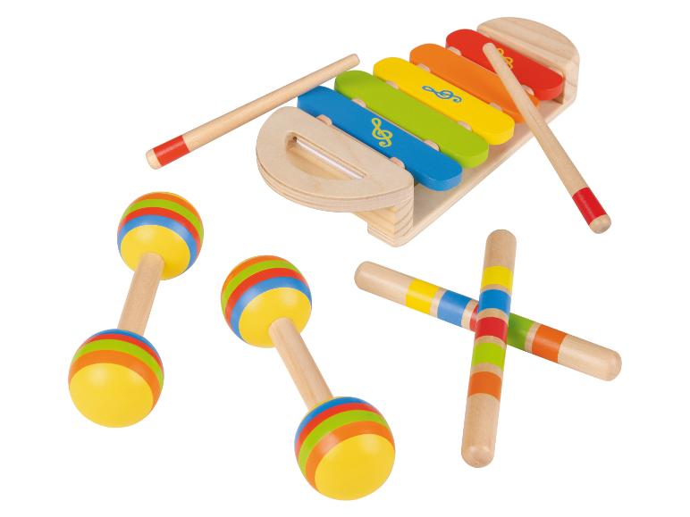 Xylophone, maracas et percussions en bois multicolores pour enfants.