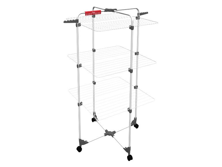 Séchoir à linge Vileda à trois niveaux avec roulettes, blanc et gris avec accents rouges.