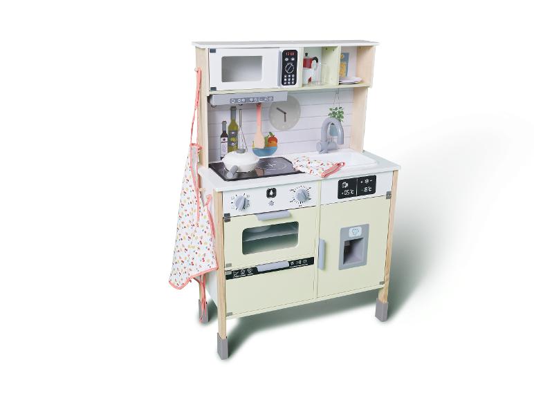 Cuisine de jeu en bois pour enfants avec micro-ondes, plaque de cuisson, four et réfrigérateur.