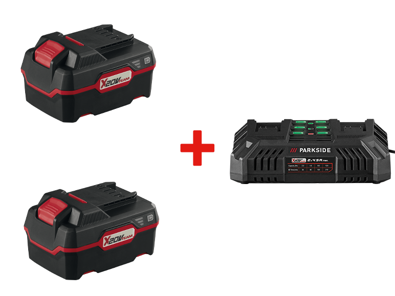 Deux batteries Parkside X 20V Team et un chargeur rapide Parkside 2.45A max.