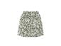 Jupe à taille élastique avec motif floral blanc sur fond vert olive.