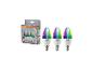 Lot de trois ampoules LED intelligentes multicolores en forme de bougie avec culot E14 et emballage.