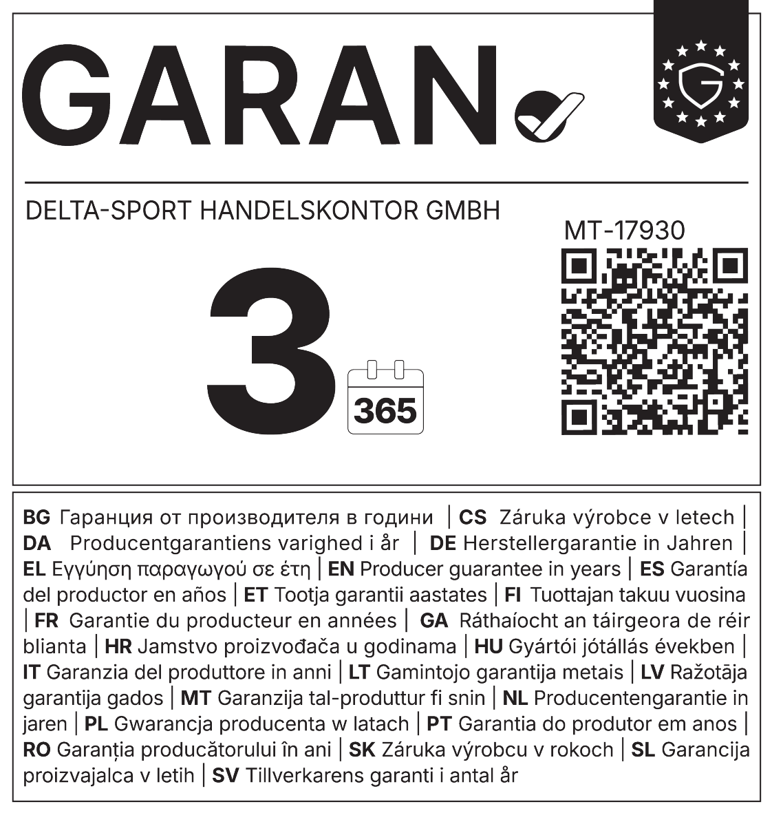 Sceau de garantie: 3 ans de garantie fabricant, MT-17930, avec code QR.