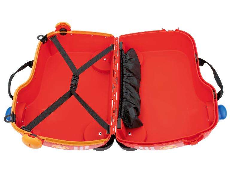 Intérieur ouvert d'une valise rouge pour enfants avec des sangles de maintien et une poche latérale.