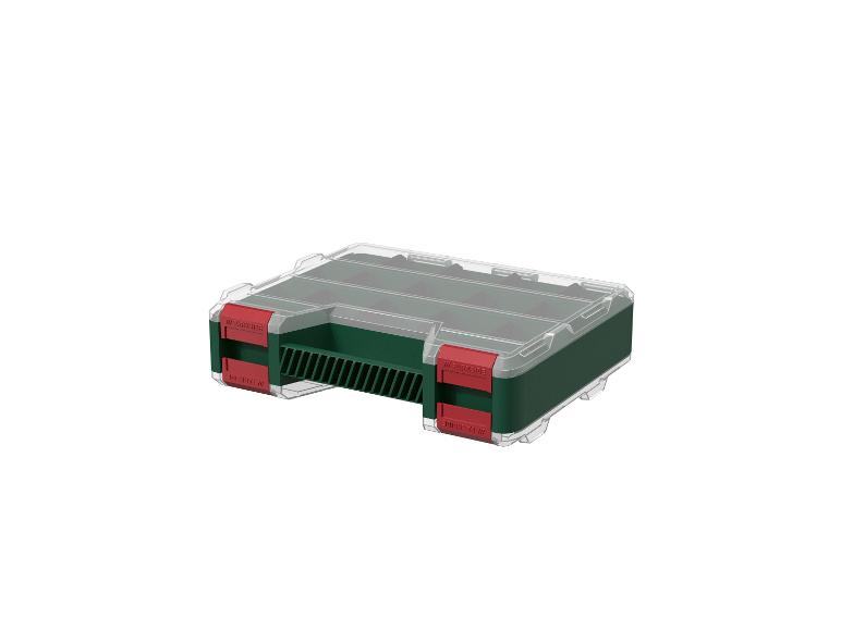 Organisateur d'outils vert et rouge avec couvercle transparent, avec compartiments.