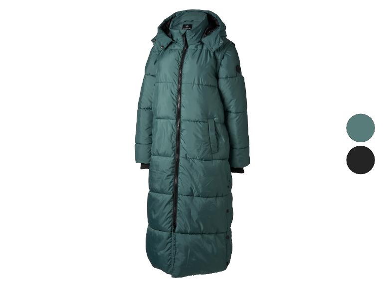Longue doudoune d'hiver matelassée vert foncé avec une fermeture éclair noire.