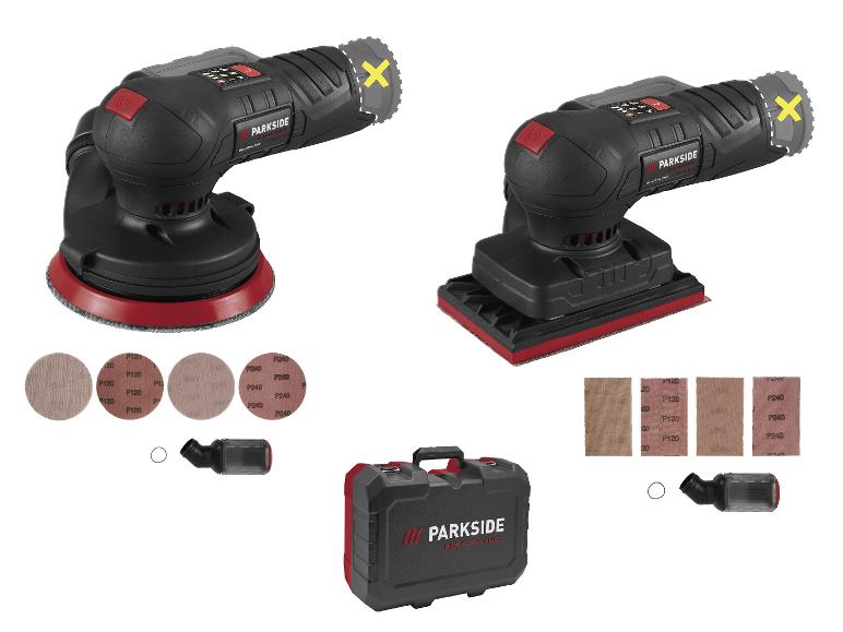 Deux ponceuses sans fil, une orbitale et une rectangulaire, avec feuilles abrasives et mallette.