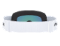 Masque de ski blanc avec lentille réfléchissante bleue et sangle ajustable.