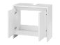 Meuble de salle de bain blanc avec deux portes ouvertes.