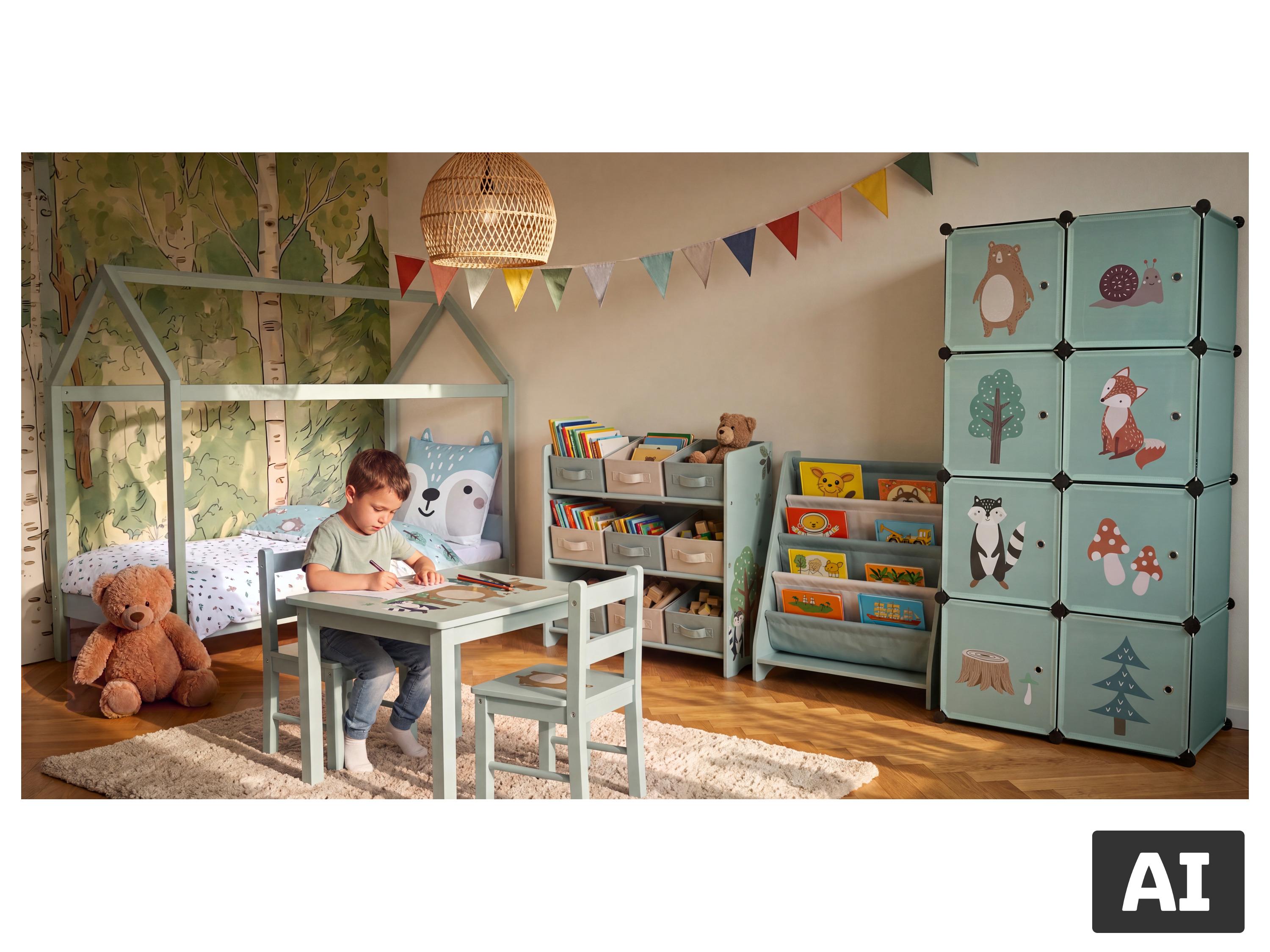 Bibliothèque pour enfants LUPILU® dans une chambre d'enfant chaleureuse sur le thème de la forêt. [image générée par l'IA]