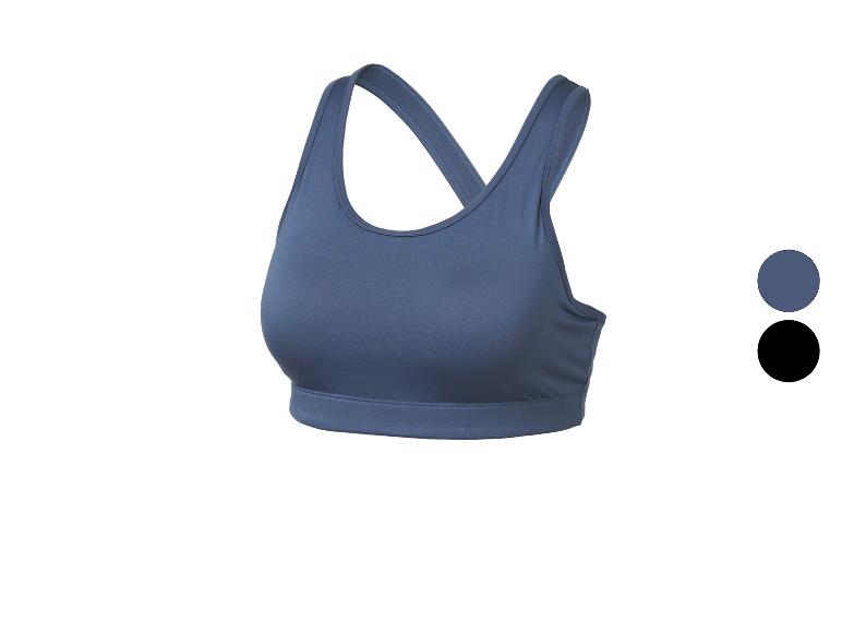 Soutien-gorge de sport bleu-gris avec bretelles croisées dans le dos.